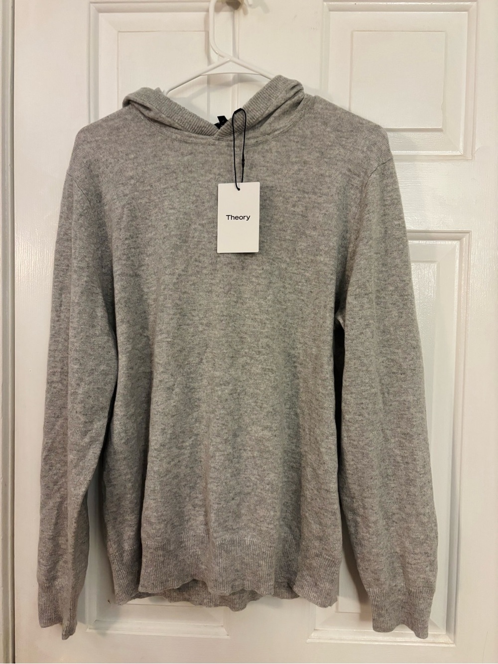 Theory Light Gray Crewneck Hooded Cashmere-Blend Sweater